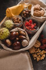 Dried autumn fruits and dehydrated red berries