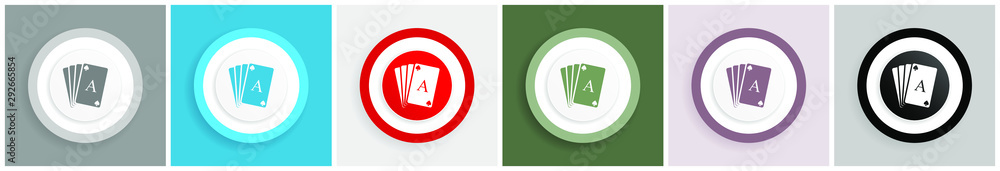 Fototapete playing cards icon set, colorful flat design vector illustrations in 6 options for web design and mo