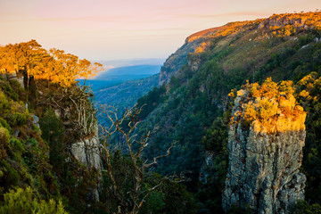 Stunning view of Pinnacle Rock, a large quartzite column rising froma a deep gorge in Blyde River...