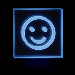 Clear transparent glass or plexiglass display with luminous happy face emoticon smile symbol inside on dark background, 3D rendered image