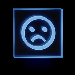 Clear transparent glass or plexiglass display with luminous unhappy face emoticon smile symbol inside on dark background, 3D rendered image