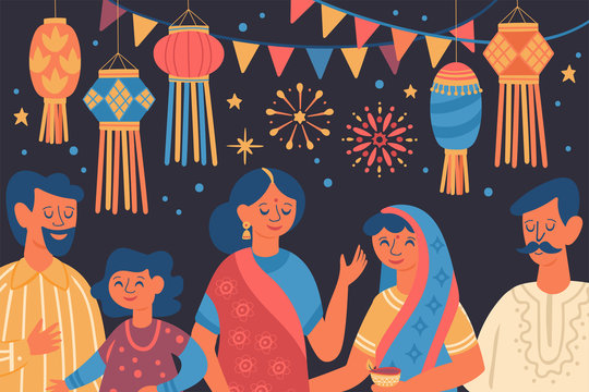 Diwali Hindu Festival Greeting Card Design With Cute People Characters.