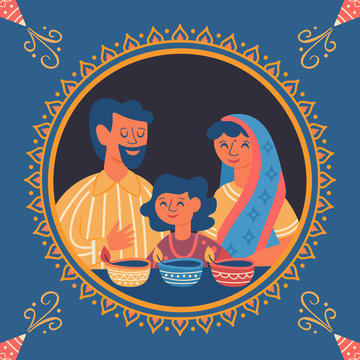 Diwali Hindu festival greeting card design with cute family characters.