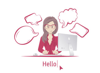 Avatar Hello. Woman sitting at table with computer