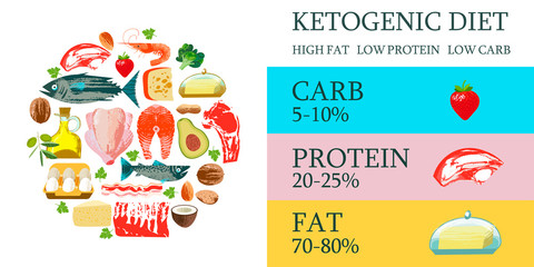 Ketogenic diet. A large set of products for the keto diet. Vector illustration. Meat, fish, vegetables, oils, nuts, eggs. Colorful poster with different products.