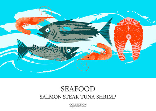 Seafood. Fish. Colorful vector illustration, a collection of images of different fish and shrimp with a unique hand drawn vector texture.