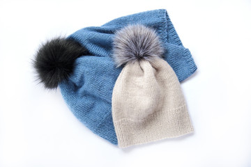 hats with pompons blue and beige