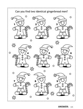 IQ training find the two identical pictures with gingerbread man visual puzzle and coloring page. Answer included.
