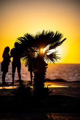 Silhouettes of people with sunset background near sea in menorca
