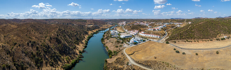 Aerial view of the Guadiana river at Azenhas (watermill) beach near town of Mertola in southeastern Portuguese Alentejo destination region. Portugal.