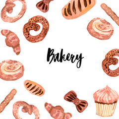 Watercolor set of baking. Buns, cupcakes, baguettes, bread, pastries, and other baked goods. Vintage watercolor concept for a bakery or cafe.