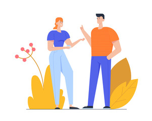 Young Man and Woman with Cup of Hot Drink Talking, Chatting and Communicate. People Communicating on Autumn Background. Friends or Colleagues Friendly Discussing. Cartoon Flat Vector Illustration