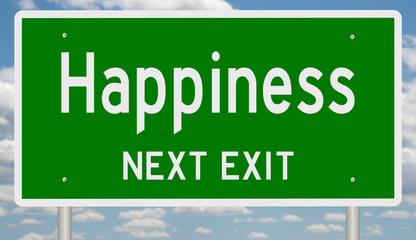 Rendering of a green 3d highway sign for Happiness
