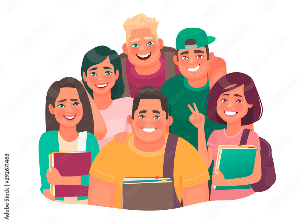 Wall mural group of students. boys and girls dressed in casual clothes. portrait of happy teenagers studying at