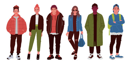 Young people dressed in trendy clothes. Street style. Fashionable image of girls and guys