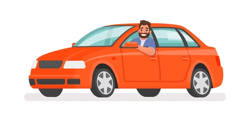 Foto auf Leinwand Glücklicher Mann im Auto. Autofahrer, der ein Fahrzeug auf einem isolierten Hintergrund fährt. Vektor-Illustration © tynyuk