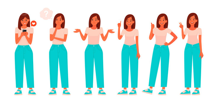 Collection of various poses and emotions of a young woman. Character of girl for your project