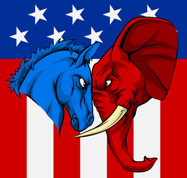 An American political concept of the party symbols of the democratic and republican parties, a blue donkey and red elephant, facing off against each other
