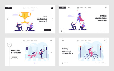 Obraz na płótnie Canvas Teamwork Cooperation and Success Website Landing Page Set. Creative Business People Make Pyramid for Goal Achievement. Leadership, Successful Team Work Web Page Banner Cartoon Flat Vector Illustration