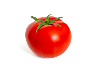 Red tomato with stalk isolated on white background