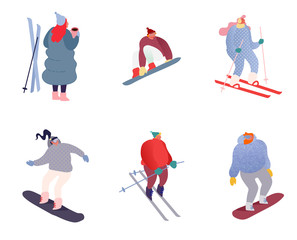 Set of Winter sport people characters. Sportsman on snowboard, skis. Snowboarding, skiing and skating sports. Snowboarder jump, healthy family holiday vacation isolated flat. Vector illustration
