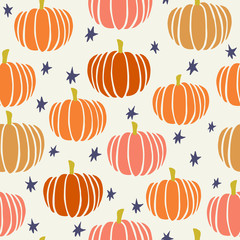 Cute seamless pattern with hand painted pumpkins and stars on cream background.