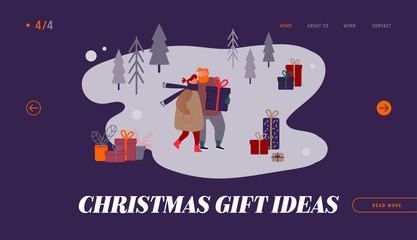 Man and Woman Characters on Christmas Market Internet advertisement. Landing pages with People characters doing shopping on Xmas fair, buying gifts for New Year Party Website. Vector Illustration