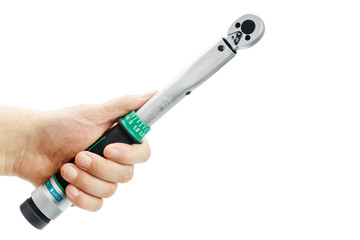 Torque wrench in hand isolated on a white background