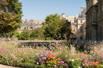 Paris, France - Sept 04, 2019: Luxembourg Palace with flowers. Paris, France.