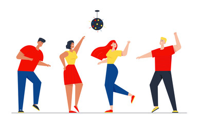 Happy People Clubbing and Dancing Disco at Night Club Stage DJ Music Party. Men and Women Characters Dance at Nightclub, Nightlife Event under Stroboscope Disco Light. Cartoon Flat Vector Illustration