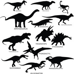 set of dinosaurs silhouette with name