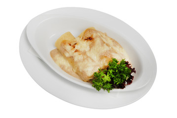 Homemade pancakes with meat and cheese on a white plate on white isolated background