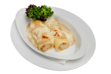 Homemade pancakes with meat and cheese on a white plate on white isolated background