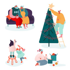 Set of People Characters celebrating Merry Christmas Season and Winter New Year. Family Parents and Children decorating Xmas tree, sing carols, packing presents at fireplace scene. Vector illustration