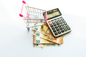 Banknotes and Calculator, Euro Banknotes on White Background