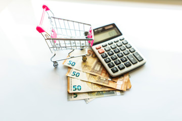 Banknotes and Calculator, Euro Banknotes on White Background