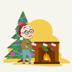 A boy in santa hat and cheerful holiday clothes hang socks for gifts on the mantelpiece. Cozy fireplace with burning wood. Merry Christmas and Happy New Year. Vector illustration