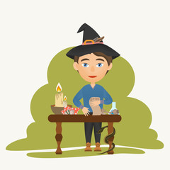 Witch boy in black hat stands near the table with magic potion ingredients and reads the magic writing on ancient scroll. A snake wraps around the table leg. Children make magic. Vector illustration