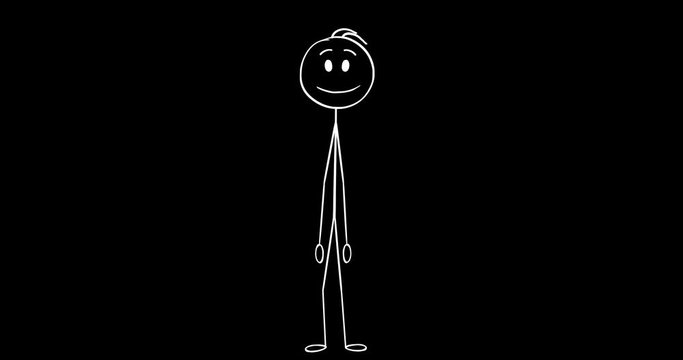 Cartoon 2D stick character animation of businessman or man leaning on something and pointing at it . Alpha mask included.