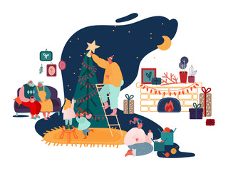 Naklejka premium Merry Christmas Season and Winter New Year Family celebration Set, Parents and Children decorating Xmas tree, sing carols, packing presents at fireplace scenes. Vector illustration