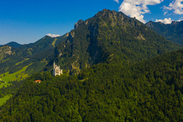 Fototapeta na wymiar Aerial view on Neuschwanstein Castle Schwangau, Bavaria, Germany. Drone picture of Alps landscape with trees and mountains.