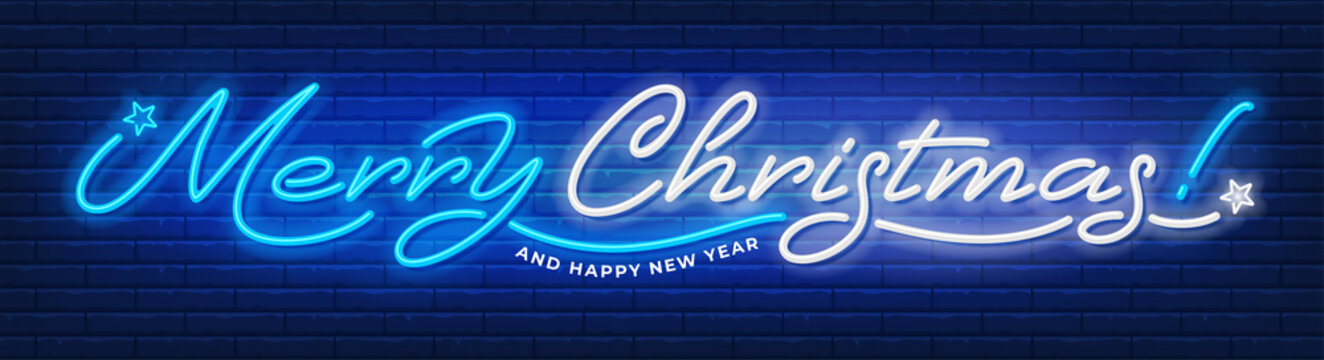 Merry Christmas and Happy New Year text written by luminous neon. Unusual and bright inscription. Brick wall on background. Vector illustration. 