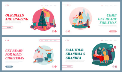 Fototapeta premium Set of Website Landing Pages of Winter Festive Season, Xmas Celebration. Christmas Holidays Celebrating. People Characters Decorate Christmas Tree, giving presents Web Page Banner. Vector Illustration