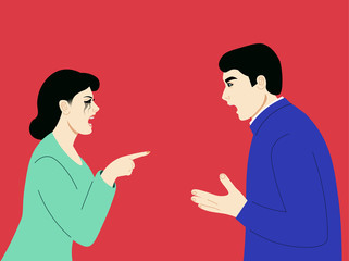Fototapeta premium Man and woman having an argument.Another quarrel before the divorce. Flat vector illustration.
