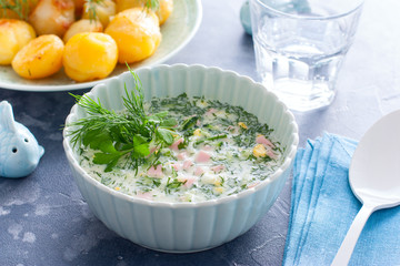 Traditional summer cold soup - okroshka in a bowl, horizontal