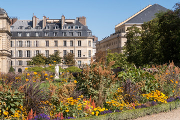 Fototapeta na wymiar Paris, France - Sept 04, 2019: Luxembourg Palace with flowers. Paris, France.