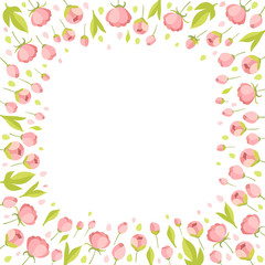 Vector illustration. Place for text. Flowers frame, botany, leaves, rose, floral. The perfect design for greeting card, packaging, wedding card, kitchen decor, cosmetics, natural, organic products