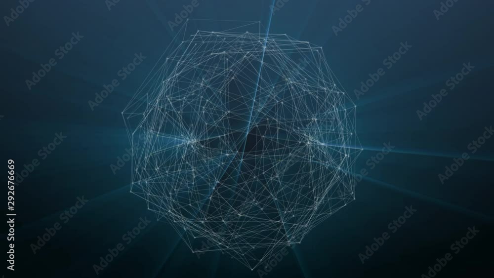 Fototapete digital geometric shape sphere spinning 4k animation background. 3d abstract hi technology plexus gl