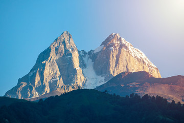 View of Mount Ushba. Ushba is one of the most notable peaks of the Caucasus range, located in the Svaneti region of Georgia.