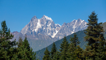 View of Mount Ushba. Ushba is one of the most notable peaks of the Caucasus range, located in the Svaneti region of Georgia.